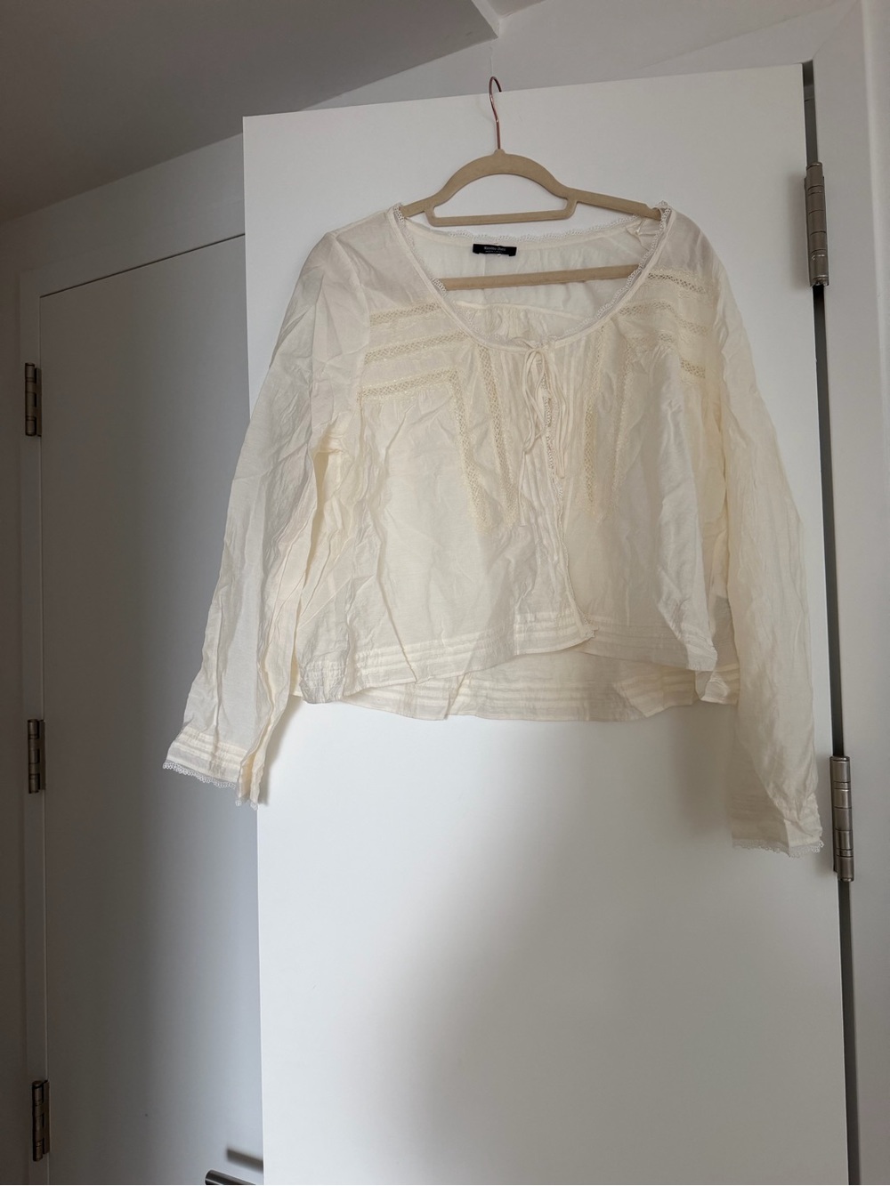 Massimo Dutti Cream Lace-Trim Peasant Blouse